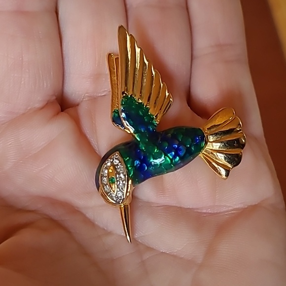 Hummingbird Brooch Green & Blue Enamel & Crystal Rhinestones Bird of Paradise 2" - Picture 6 of 8
